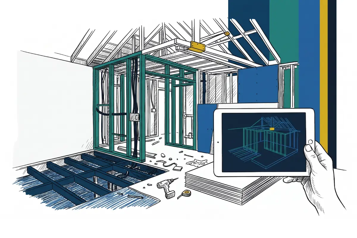 Renovation site with tablet showing the model