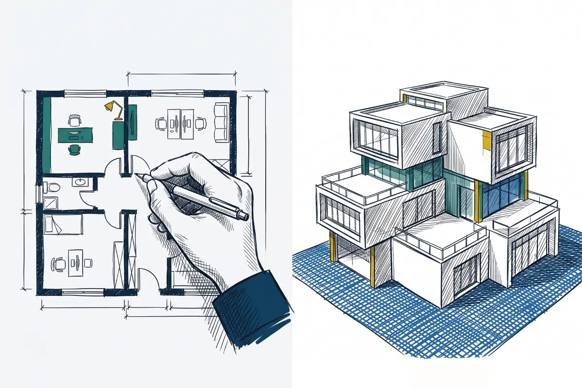 Split-screen: 2D plan on the left, federated 3D model on the right