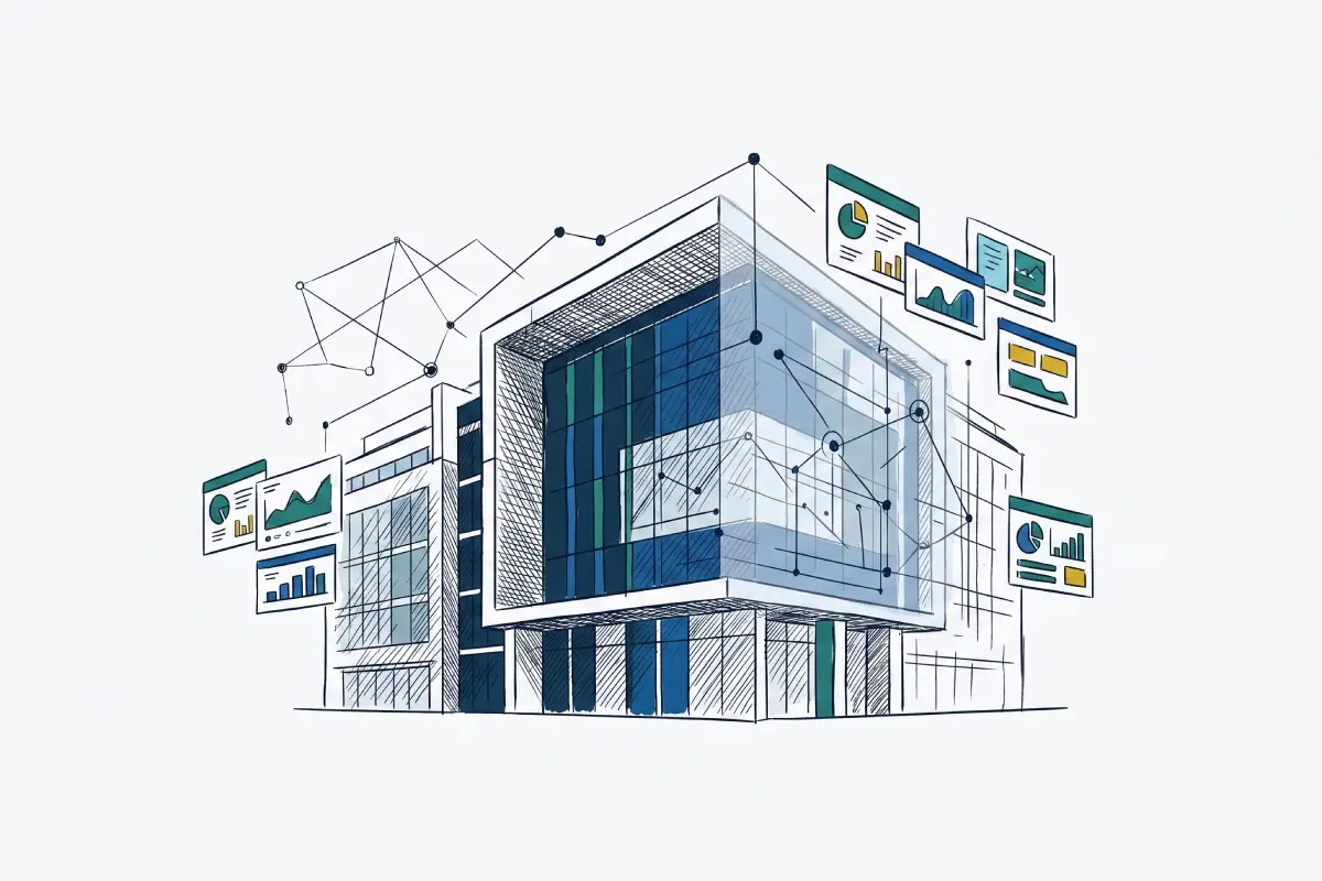 Real building with data overlay and dashboard